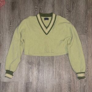 Pendleton Sage V-Neck Sweater with Olive Trim crop wool